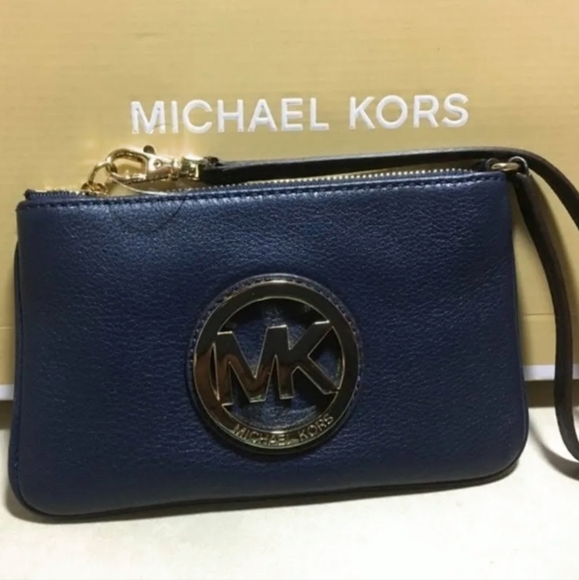 Michael Kors Handbags - Michael Kors Leather Fulton Vintage Wristlet Blue/Gold